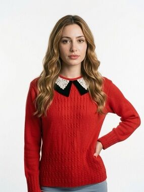 SPANNER IMPORTS RED CABLE KNIT COLLARED SWEATER WOMAN